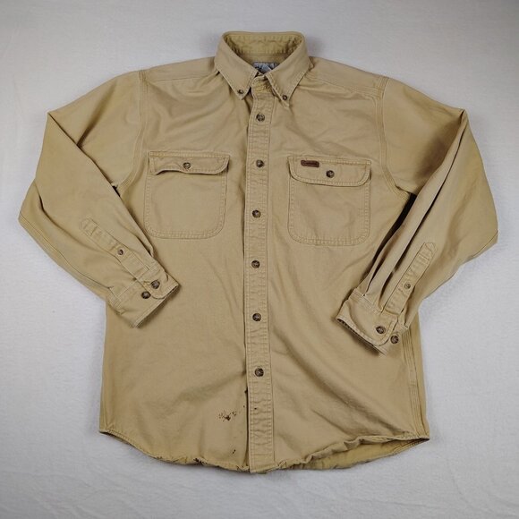 VTG Carhartt Beige Denim Cotton Workshirt Long Sleeve Mens Small - Picture 1 of 11